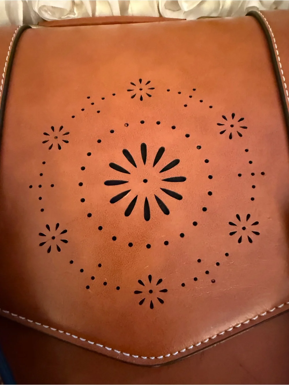 Large Men's Tan Leather Messenger Bag with Decorative Laser-Cut Front 12x15x5